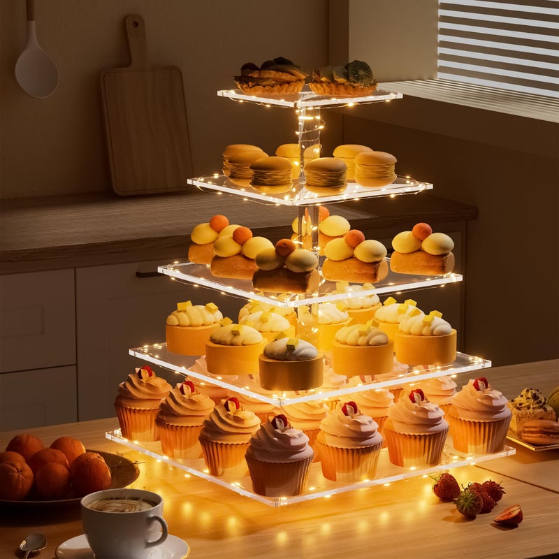 weddingwish 5 Tier Acrylic Cupcake Stand with LED Light, Clear Cupcake Stand for 50 Cupcakes, Cupcake Holder Tower Dessert Table Display Set for Birthday, Baby Shower, Tea Party and Wedding DÃ©cor - Image 4
